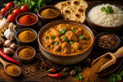 Curry Gewürze und Currymischungen mit Currygericht, Reis und Gewürzen