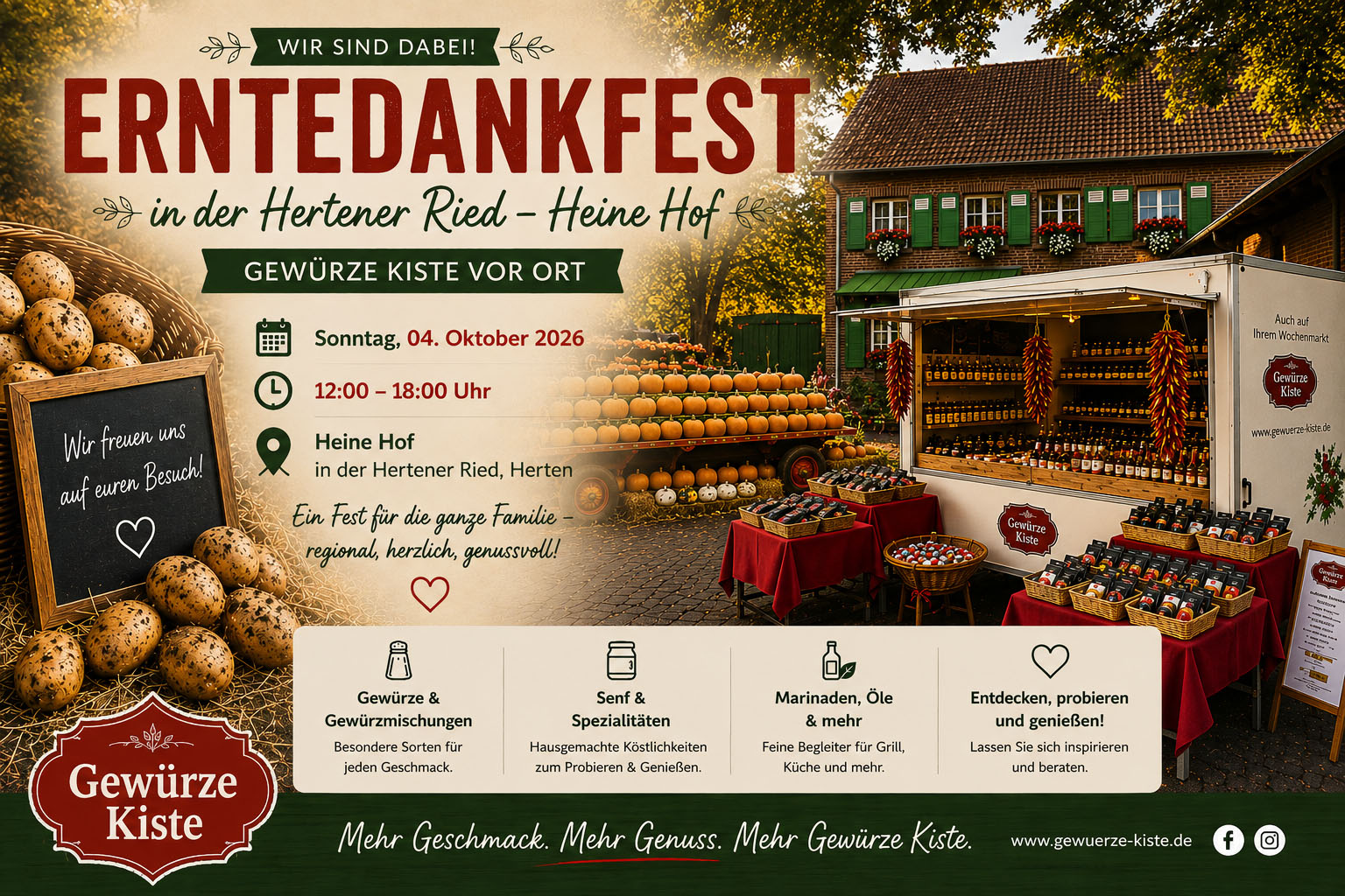 Erntedankfest in der Hertener Ried auf dem Heine Hof mit Gewürze Kiste Stand und herbstlicher Hofatmosphäre
