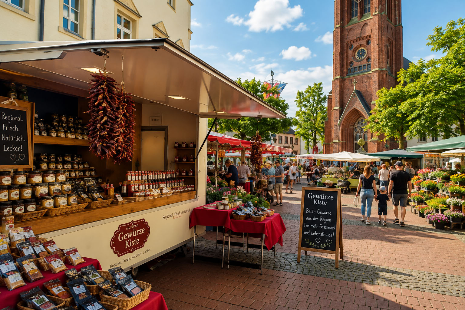 Gewürze Kiste auf dem Halterner Wochenmarkt in Haltern am See mit Gewürzstand und St.-Sixtus-Kirche