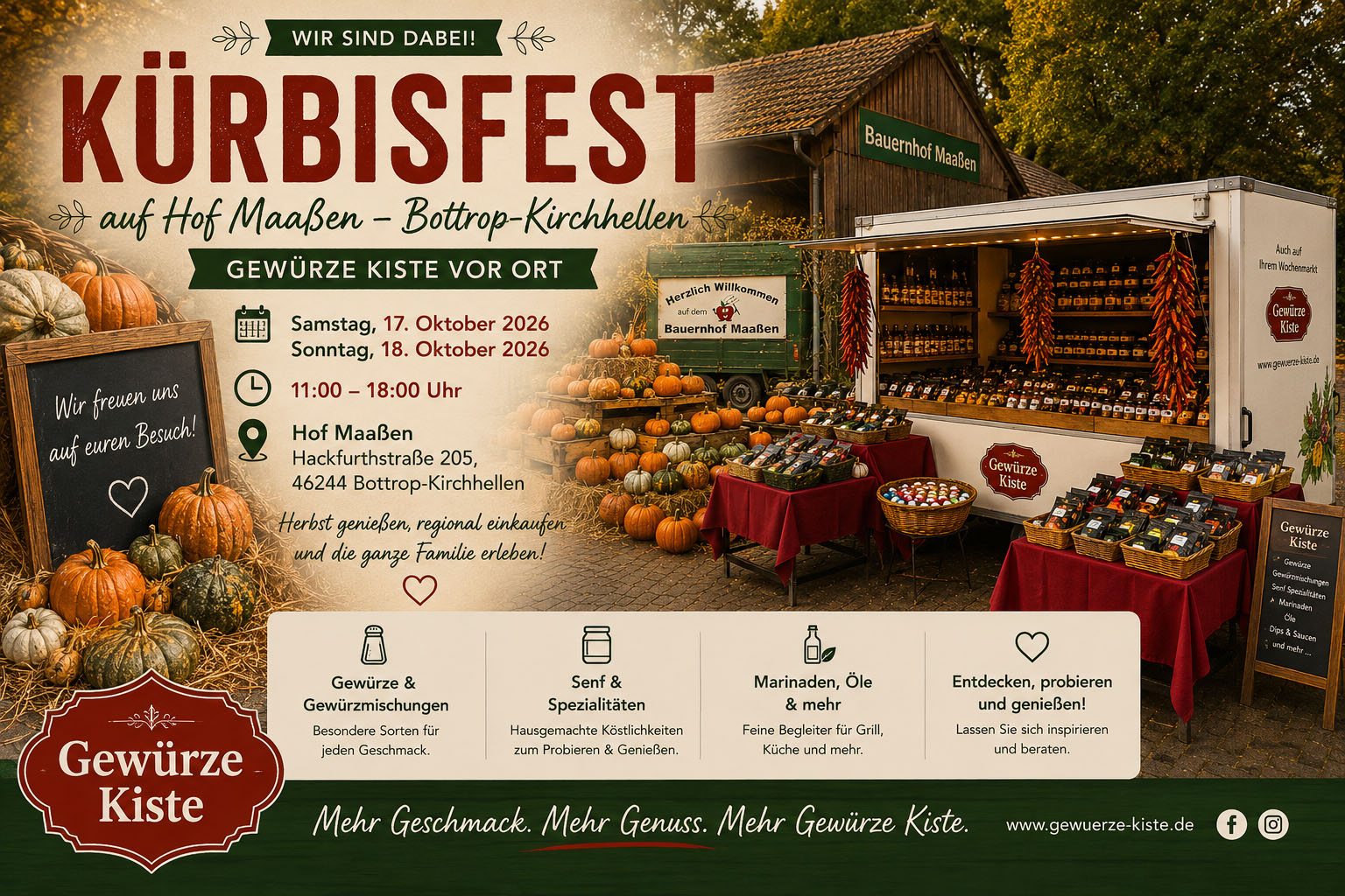 Kürbisfest Hof Maaßen in Bottrop-Kirchhellen mit Gewürze Kiste am 17. und 18. Oktober 2026