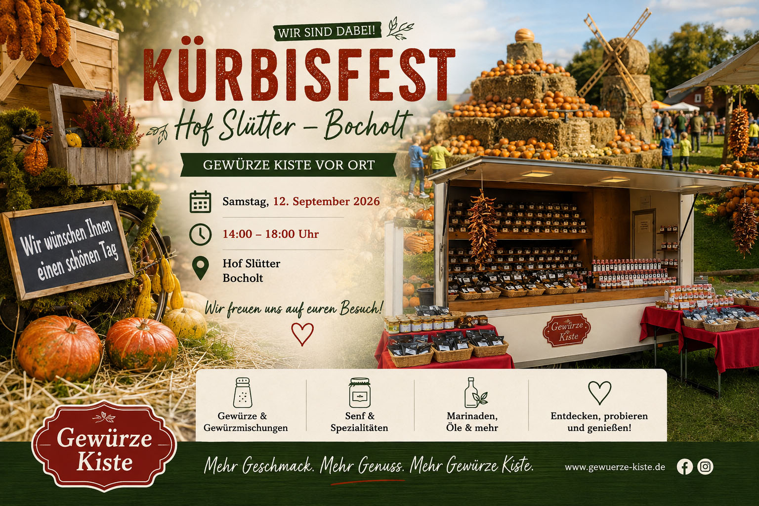Kürbisfest auf Hof Slütter in Bocholt mit Gewürze Kiste Stand, Kürbissen und herbstlicher Marktstimmung