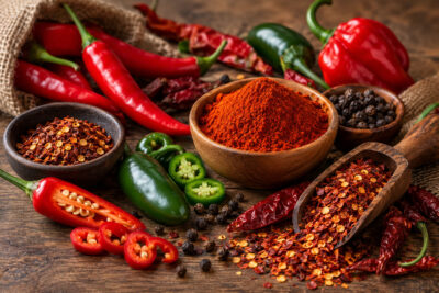 Scharfe Gewürze mit Chili Jalapeño und Gewürzmischungen