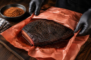 eef Brisket bei 70 bis 75 Grad Kerntemperatur in Butcher Paper einwickeln