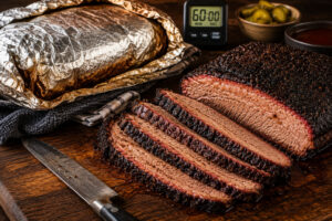 Beef Brisket nach der Ruhezeit quer zur Faser aufgeschnitten