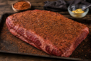 Rohe Rinderbrust mit Brisket American Style Gewürz eingerieben