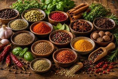 Einzelgewürze und Rohgewürze mit Pfeffer, Chili, Paprika, Kräutern, Zimt und Gewürzsaaten
