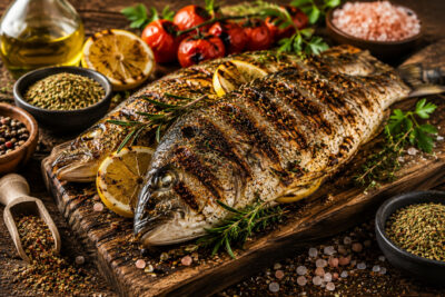 Gegrillter Fisch mit Fisch Gewürzen, Kräutern und aromatischen Gewürzmischungen