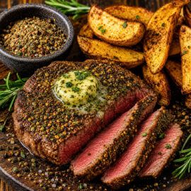 Four Pepper Steak vom Grill mit Kräuterbutter und Kartoffel-Wedges