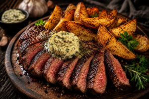 Four Pepper Steak mit Kräuterbutter und Magic-Potatoes-Wedges
