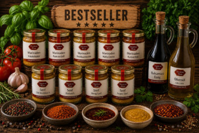 Gewürze Kiste Bestseller mit Gewürzen, Marinade, Senf, Essig und Öl