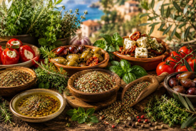Mediterrane Gewürze und Kräuter mit Oliven, Feta, Tomaten und Tapas