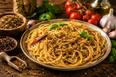 Pasta Gewürze mit Spaghetti, italienischen Kräutern, Knoblauch und Gewürzmischungen