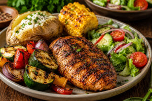 Virginia BBQ Chicken mit Grillgemüse, Ofenkartoffel, Maiskolben und Salat