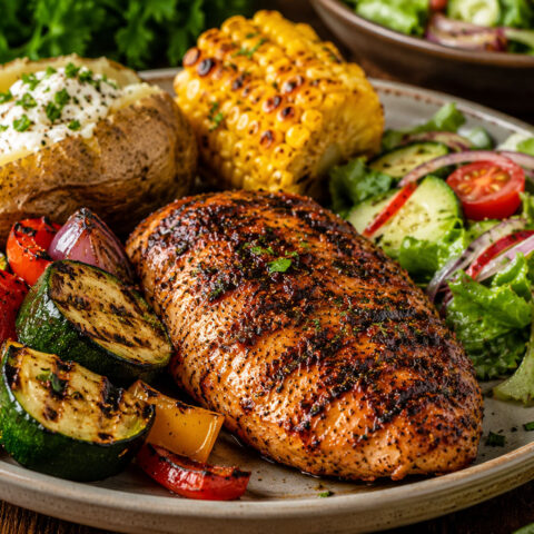 Virginia BBQ Chicken mit Grillgemüse, Ofenkartoffel, Maiskolben und Salat