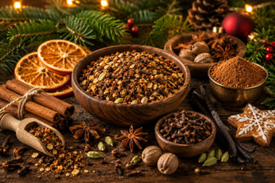Weihnachtsgewürze mit Zimt, Sternanis, Orange und winterlichen Gewürzmischungen