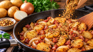 Bratkartoffel Gewürz grob wird über knusprige Bratkartoffeln mit Speck und Zwiebeln in der Pfanne gestreut
