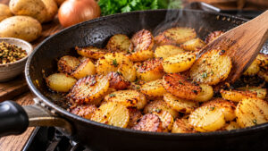 Goldbraune, knusprige Bratkartoffeln in einer Pfanne mit Holzpfannenwender