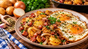 Rustikales Bauernfrühstück mit goldbraunen Bratkartoffeln, Speck, Zwiebeln und zwei gewürzten Spiegeleiern auf einem Teller