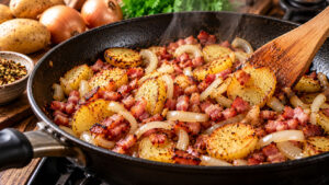 Goldbraune Bratkartoffeln mit Speckwürfeln und Zwiebelstreifen in einer heißen Pfanne