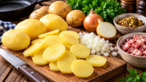Vorgekochte, geschälte Kartoffeln in Scheiben geschnitten auf einem Holzbrett mit Zwiebeln und Speck für rustikales Bauernfrühstück