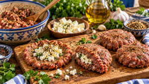 Bifteki aus gewürztem Hackfleisch mit Feta füllen und zu Hacksteaks formen