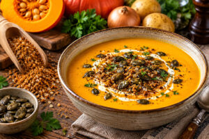 Cremige Hokkaido-Kürbissuppe mit Kürbiskernen und Kürbis Gewürz