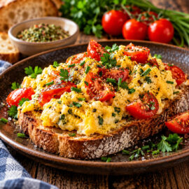 Cremiges Kräuterrührei mit Cherrytomaten und frischen Kräutern auf geröstetem Bauernbrot
