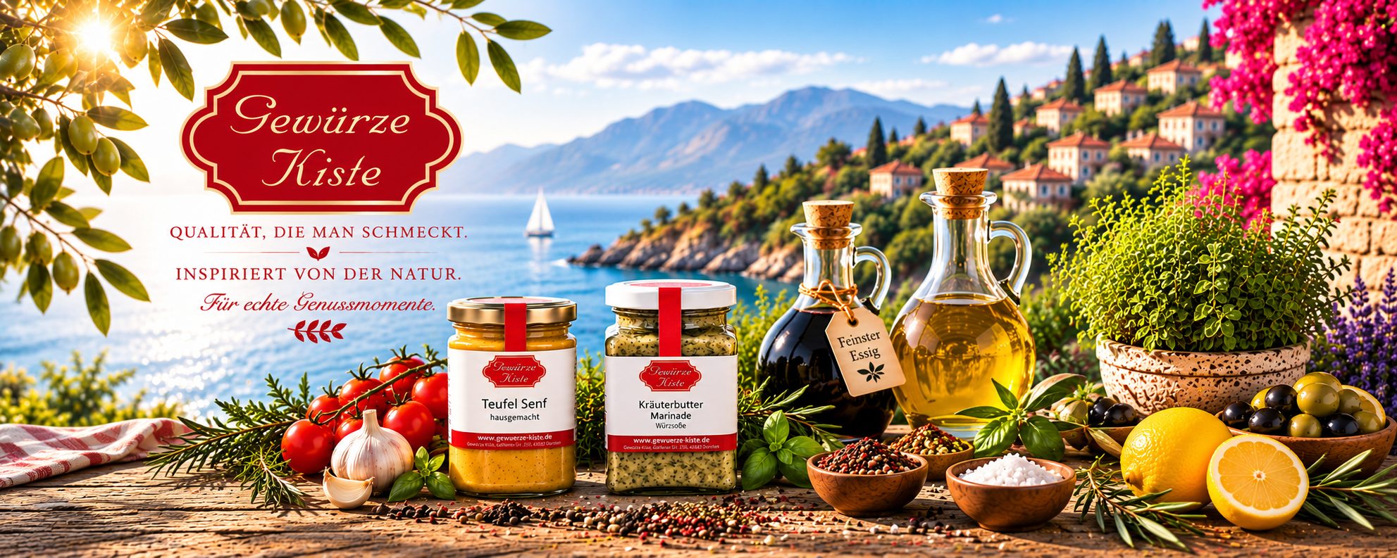 Gewürze Kiste – Gewürze, hausgemachter Senf, Kräuterbutter Marinade, Essig und Öl vor mediterraner Kulisse