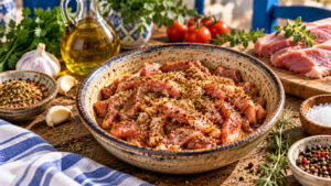 Gyros-Fleisch mit Gyros Gewürz und Olivenöl in einer Schüssel marinieren