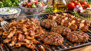 Gyros, Souvlaki-Spieße und Bifteki werden gemeinsam auf einem Grill gebraten