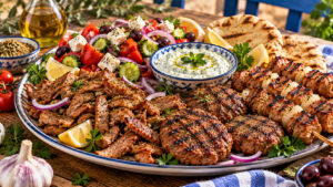 Fertige griechische Grillplatte mit Gyros, Souvlaki-Spießen, Bifteki, Tzatziki und mediterranem Salat
