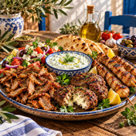 Griechische Grillplatte mit Gyros, Souvlaki-Spießen, Feta-Bifteki, Tzatziki und Fladenbrot
