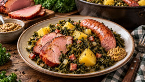 Fertig angerichteter Grünkohl mit Kasseler, Mettenden, Kartoffeln, Speck und grobem Senf auf einem Teller