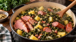 Grünkohl mit Kasseler, Mettenden, Kartoffeln und Speck schmort im großen Kochtopf