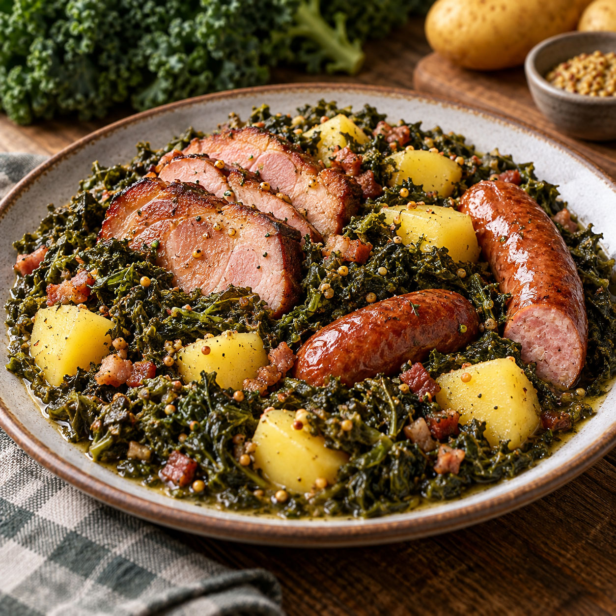 Grünkohl mit Kasseler, Mettenden, Kartoffeln und Speck nach traditionellem Rezept