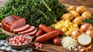 Zutaten für Grünkohl mit Kasseler und Mettenden vor dem Kochen: frischer Grünkohl, Kartoffeln, Gemüsezwiebeln, Speckwürfel und Würstchen