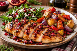 Hähnchenbrust mit Granatapfel-Senf-Glasur, Ofengemüse und Rucola-Salat