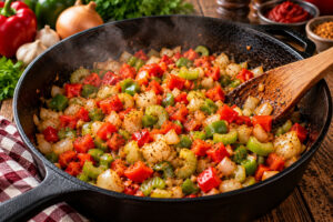 Paprika, Staudensellerie und Zwiebeln werden für Louisiana Jambalaya in einer gusseisernen Pfanne angeschwitzt