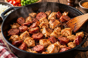 Hähnchenstücke und geräucherte Wurst werden für Louisiana Jambalaya in einer gusseisernen Pfanne goldbraun angebraten