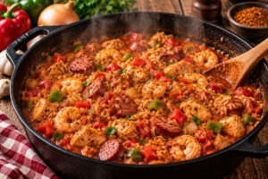 Louisiana Jambalaya mit Reis, Hähnchen, Garnelen, Räucherwurst, Paprika und Tomaten köchelt in einer gusseisernen Pfanne