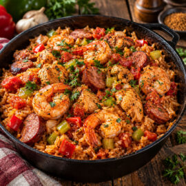 Louisiana Jambalaya mit Hähnchen, Garnelen, geräucherter Wurst, Reis und Cajun BBQ Gewürz