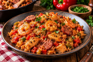 Fertig angerichtetes Louisiana Jambalaya mit Hähnchen, Garnelen, geräucherter Wurst, Reis und Paprika auf einem rustikalen Teller
