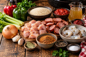 Zutaten für Louisiana Jambalaya mit Hähnchen, Garnelen, geräucherter Wurst, Reis, Gemüse und Cajun BBQ Gewürz