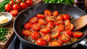 Halbierte Cherrytomaten werden in einer beschichteten Pfanne mit heißer Butter angebraten