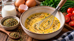 Eier werden mit Milch und Rühreigewürz in einer Keramikschüssel mit einem Schneebesen verquirlt