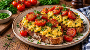 Cremiges Kräuterrührei mit gebratenen Cherrytomaten, Schnittlauch und Petersilie auf zwei Scheiben geröstetem Bauernbrot