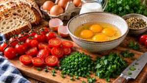 Zutaten für Kräuterrührei mit halbierten Cherrytomaten, gehacktem Schnittlauch, Petersilie und aufgeschlagenen Eiern in einer Schüssel