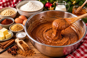 Lebkuchenteig mit Lebkuchengewürz in einer Rührschüssel zubereiten