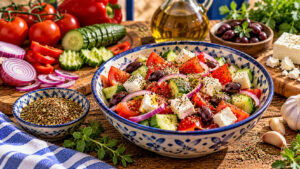 Mediterraner Salat mit Tomaten, Gurken, Paprika, roten Zwiebeln, Feta und Oliven