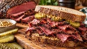 New York Pastrami Sandwich mit dünn geschnittener Rinderbrust, Gewürzkruste, Roggenbrot, Senf und Gewürzgurken